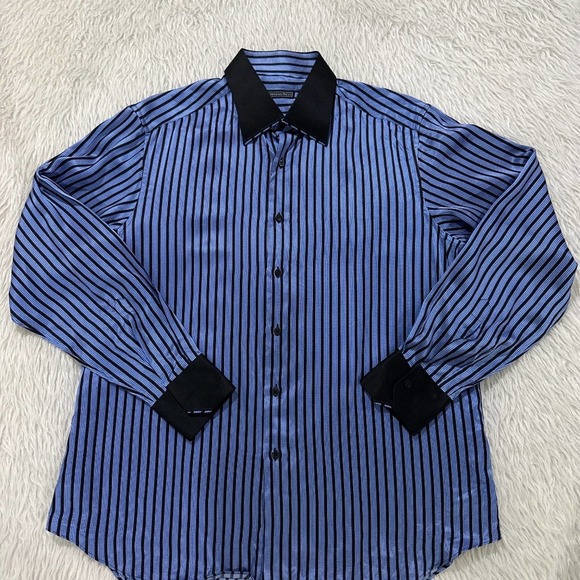 Stefano Ricci blue black strip silk evening button down long sleeve shirt 42 - Picture 1 of 5